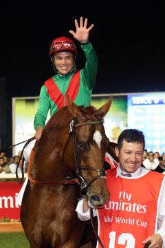 Animal Kingdom mit Joel Rosario nach dem Sieg im Dubai World Cup. www.galoppfoto.de - Frank Sorge