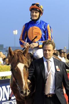 Daddy Long Legs mit Colm O'Donoghue nach dem Sieg im UAE Derby 2012. www.galoppfoto.de