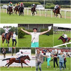 Große Freude über den ersten Black Type Sieg - Trainerin Sarka Schütz (grüne Hose) und Team jubeln nach dem Sieg von Kellahen mit Andre Best im Brümmerhofer-Derby Trial. www.galoppfoto.de - Sabine Brose