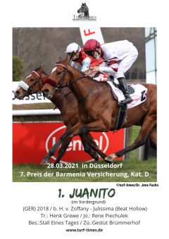 Gelungener Aufgalopp in die Dreijährigen-Saison für den Zweitplatzierten aus dem Zukunftsrennen, Gr. III in Baden-Baden: Juanito (außen) gewinnt mit René Piechulek im Düsseldorfer Dreijährigen-Rennen über 1.600m für den 'Stall Eines Tages' vor Kir Royal. ©galoppfoto/Dr. Jens Fuchs