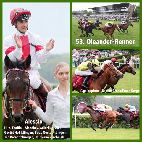 Sieg in Ittlinger Farben: Alessio gewinnt mit Rene Piechulek das Oleander-Rennen in einem heiss umkämpften Finish gegen Waldadler mit Leon Wolff. ©galoppfoto - Frank Sorge