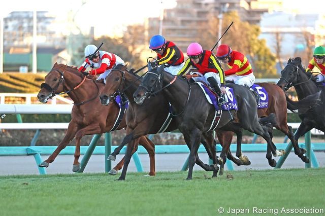 Regaleira (blaue Kappe) bezwingt Shahryar im Arima Kinen. Foto: JRA