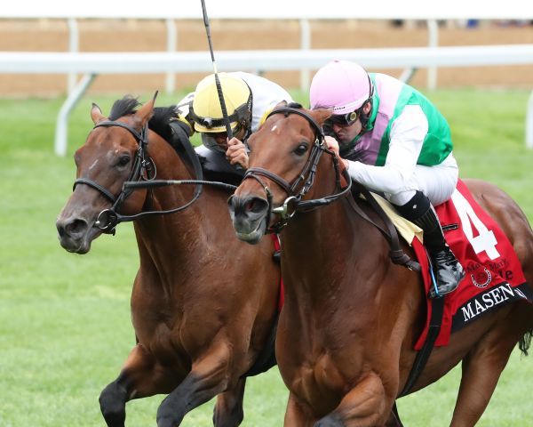 Shirl's Speight (li.) setzt sich mit minimalem Vorteil gegen Masen durch. Foto: Keeneland/Coady photography