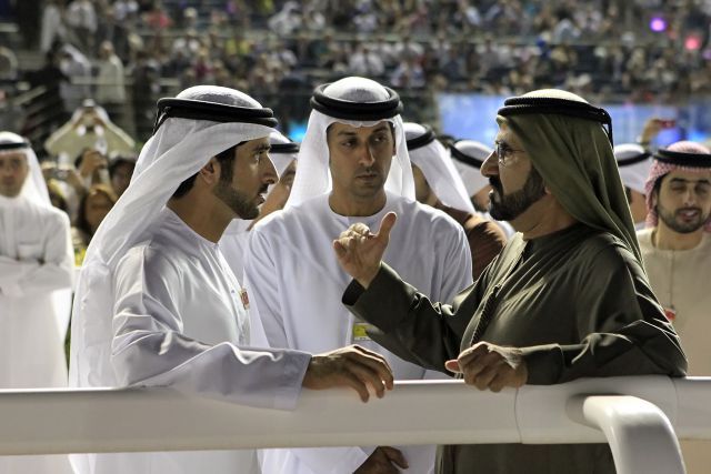 Das waren noch bessere Zeiten für Trainer Mahmood al Zarooni (MItte) - hier mit Sheikh Mohammed bin Rashid al Maktoum (rechts) und dessen Sohn Hamdan bin Mohammed al Maktoum. www.galoppfoto.de - Frank Sorge