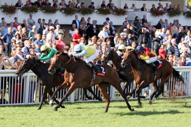 Ferro Sensation (Zweiter von links) mit Mirco Demuro gewinnt die Goldene Peitsche vor Govinda (ganz links). www.galoppfoto.de - Frank Sorge