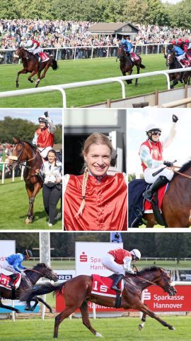 Größter Erfolg für die Amateurrennreiterin Nina Baltromei mit dem Listensieg durch Lazio im Großen Preis der Sparkasse Hannover. ©galoppfoto - Frank Sorge