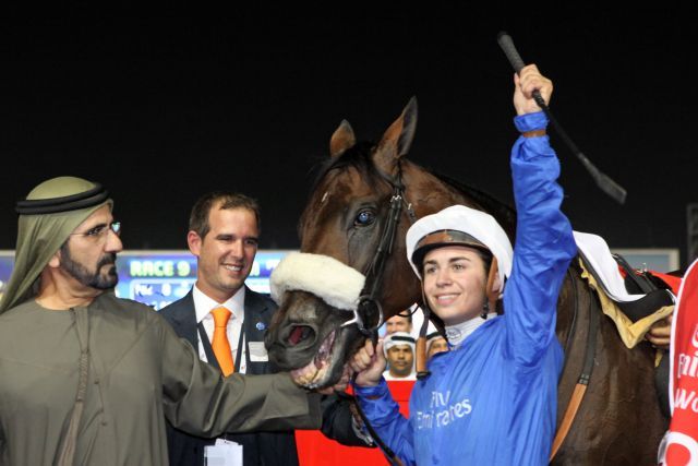 Monterosso mit Mickael Barzalona und Besitzer Sheikh Mohammed bin Rashid al Maktoum nach dem Dubai World Cup-Sieg. www.galoppfoto.de