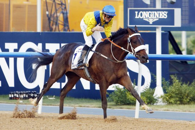 Mubtaahij mit Christophe Soumillon beim Sieg im UAE Derby in Dubai. www.galoppfoto.de - Frank Sorge