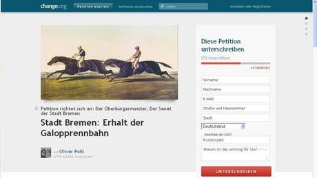 Im Internet gibt es die Möglichkeit eine Online-Petition für den Erhalt der Bremer Galopprennbahn zu unterschreiben. Weitere Infos im Text. Foto: Screenshot