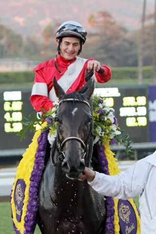 Probten erfolgreich für die Titelverteidigung - Fort Larned mit Brian Hernandez jr. nach den letztjährigen Breeders' Cup Classic. www.galoppfoto.de - Petr Guth