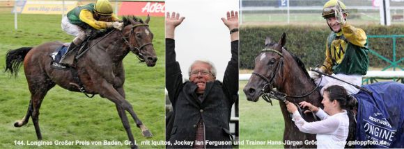 Freuen sich über den größten Sieg Erfolg ihrer Karriere: Trainer Hans-Jürgen Gröschel (73) und Jockey Ian Ferguson (45) nach dem Sieg von Iquitos im 144. Großen Preis von Baden. www.galoppfoto.de - Sabine Brose