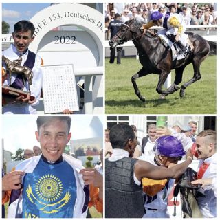 Freude über den Derbysieg mit Sammarco: Bauyrzhan Murzabayev sendet Grüße in seine Heimat nach Kasachstan und bekommt von den Kollegen eine Sektdusche. ©galoppfoto - Frank Sorge, Sabine Brose, Jimmy Clark